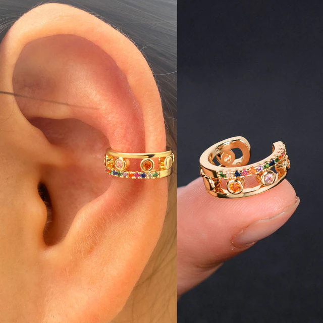 1Pc Hollow Geometry Rainbow CZ Cuff Wrap Clip On Earrings Women Climber Ear Cartilage Bone Clips - Image 12