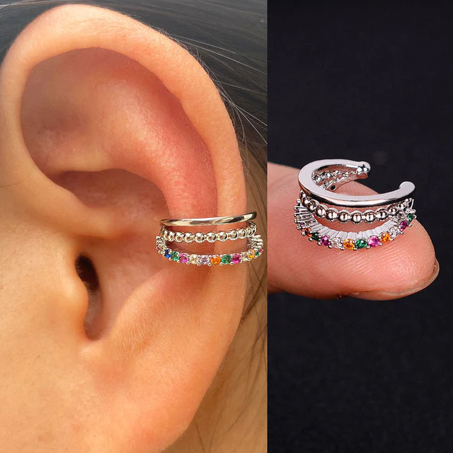 1Pc Hollow Geometry Rainbow CZ Cuff Wrap Clip On Earrings Women Climber Ear Cartilage Bone Clips - Image 17